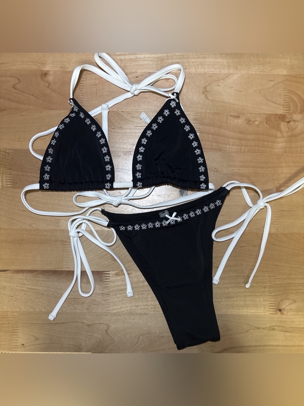 Victoria's Secret pink by Frankies Bikinis black and white embroidery bikini